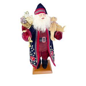 VTG Old World 16" Santa Velvet Robe W/Teddy Bear & Bag Of Musical Instruments